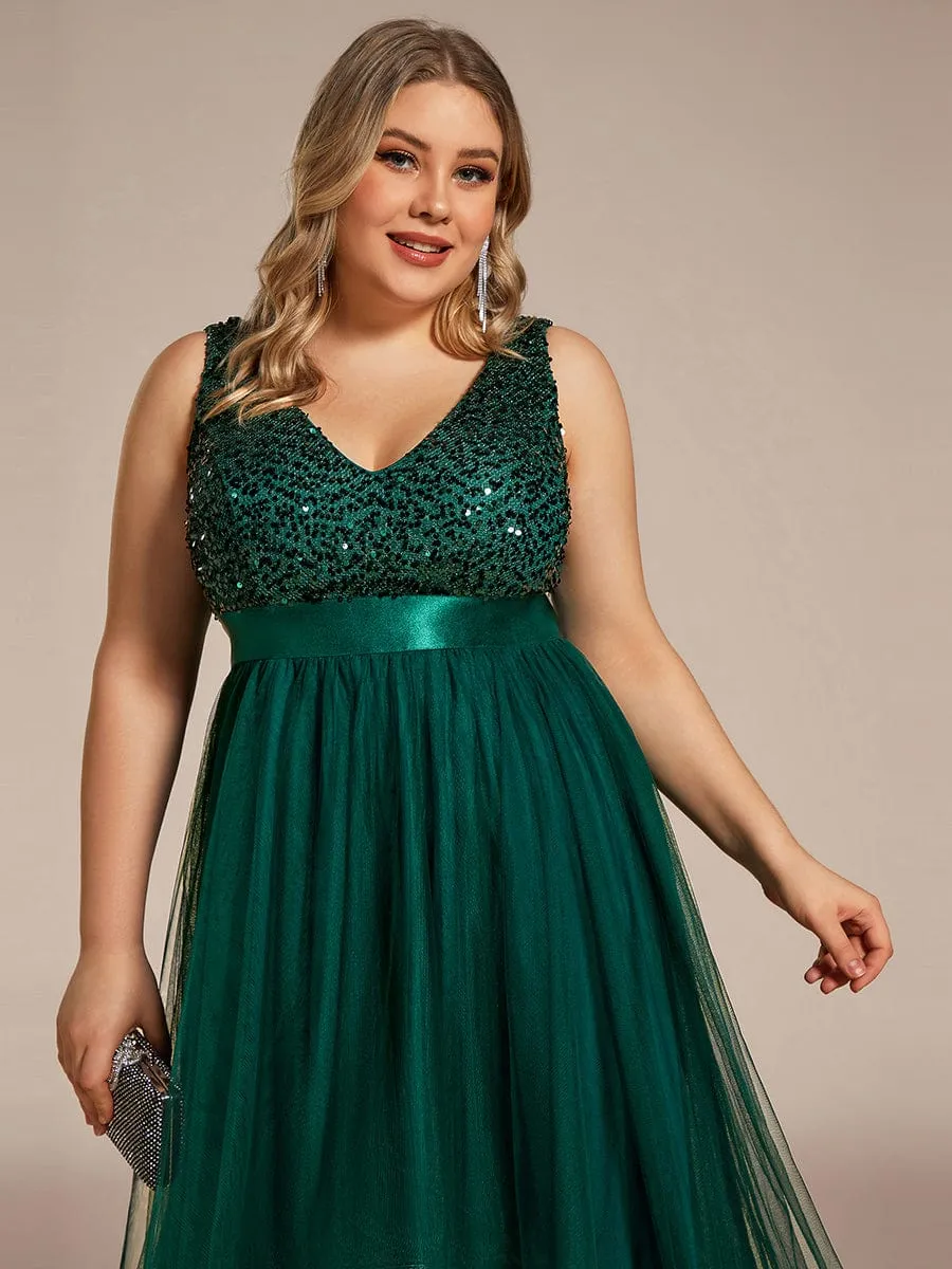 Plus Size Sleeveless Sequin Ribbon Waist Tulle High Low Evening Dress