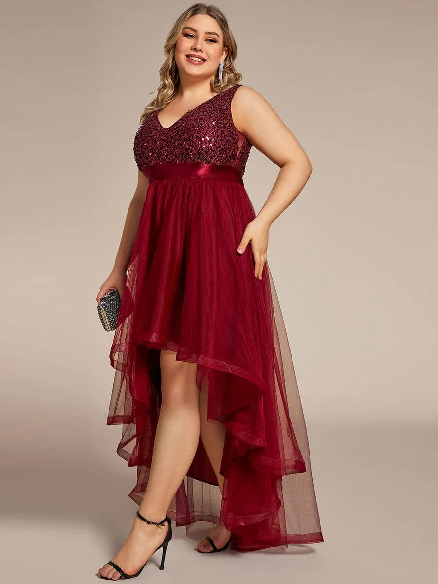 Plus Size Sleeveless Sequin Ribbon Waist Tulle High Low Evening Dress