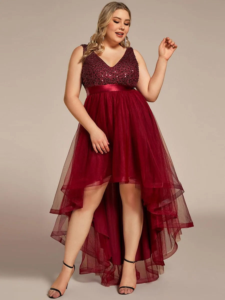 Plus Size Sleeveless Sequin Ribbon Waist Tulle High Low Evening Dress