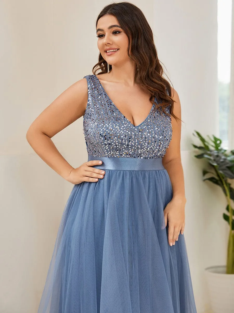 Plus Size Sleeveless Sequin Ribbon Waist Tulle High Low Evening Dress