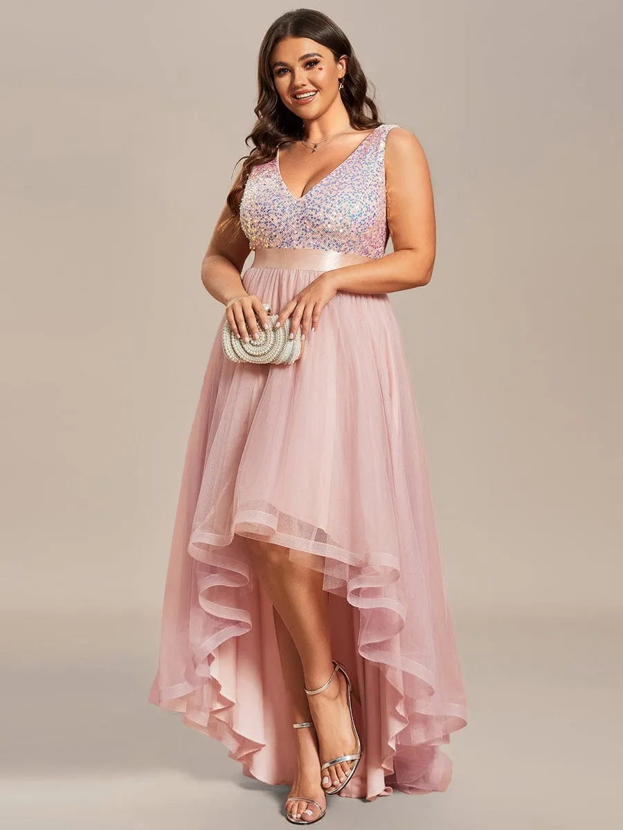 Plus Size Sleeveless Sequin Ribbon Waist Tulle High Low Evening Dress