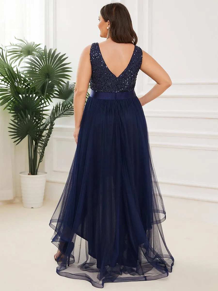 Plus Size Sleeveless Sequin Ribbon Waist Tulle High Low Evening Dress