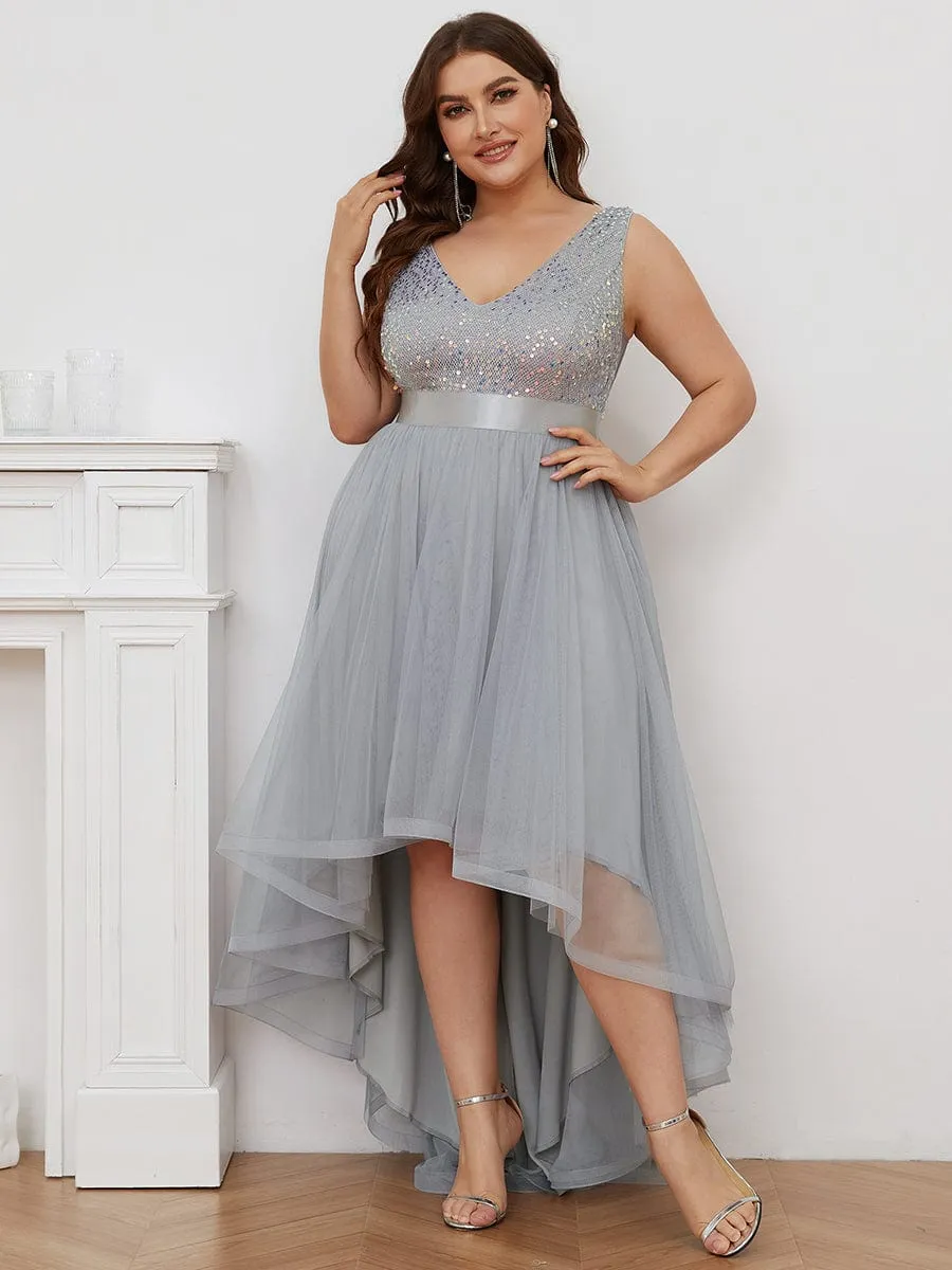 Plus Size Sleeveless Sequin Ribbon Waist Tulle High Low Evening Dress