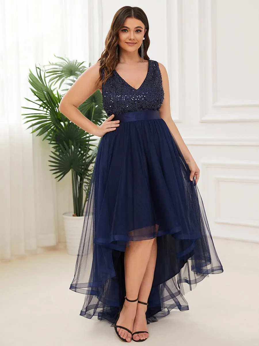 Plus Size Sleeveless Sequin Ribbon Waist Tulle High Low Evening Dress