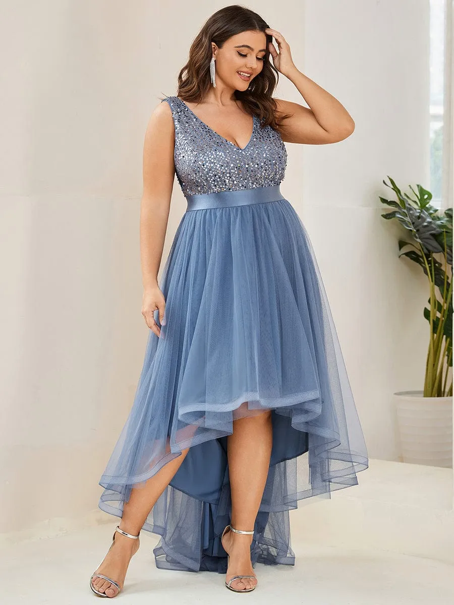 Plus Size Sleeveless Sequin Ribbon Waist Tulle High Low Evening Dress