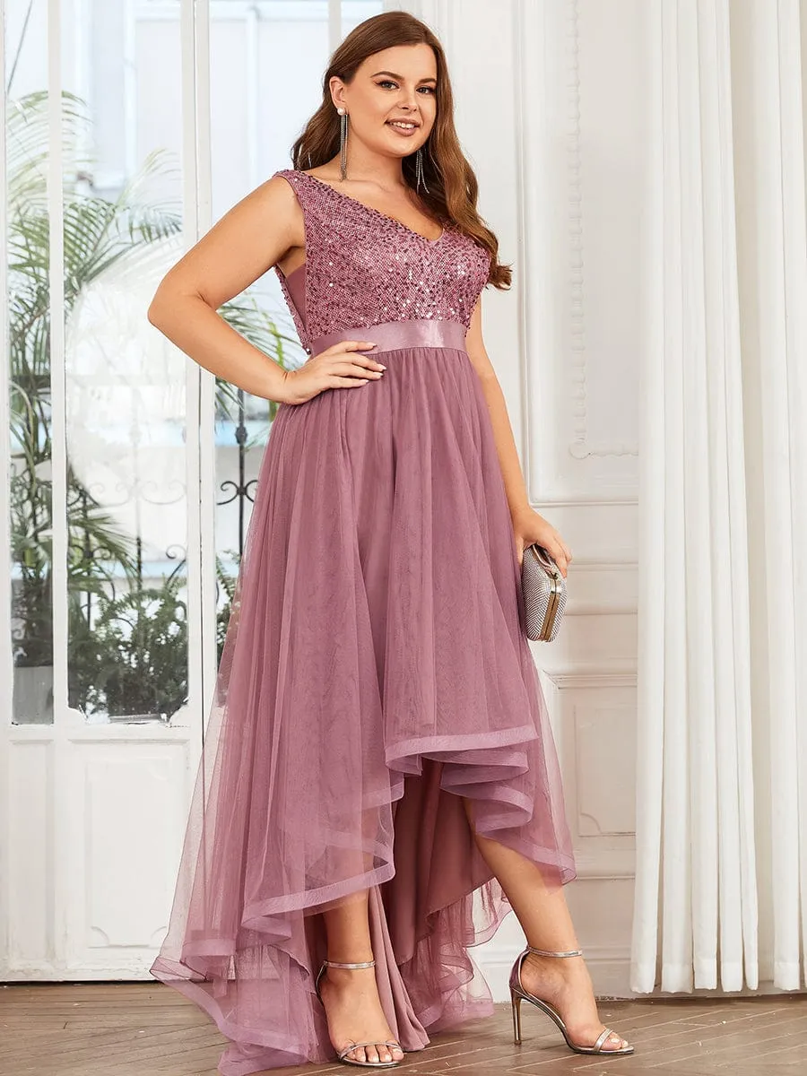 Plus Size Sleeveless Sequin Ribbon Waist Tulle High Low Evening Dress