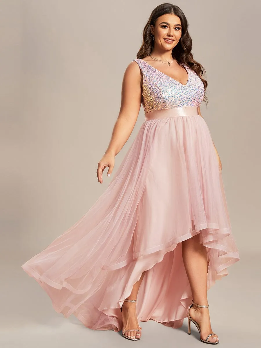 Plus Size Sleeveless Sequin Ribbon Waist Tulle High Low Evening Dress