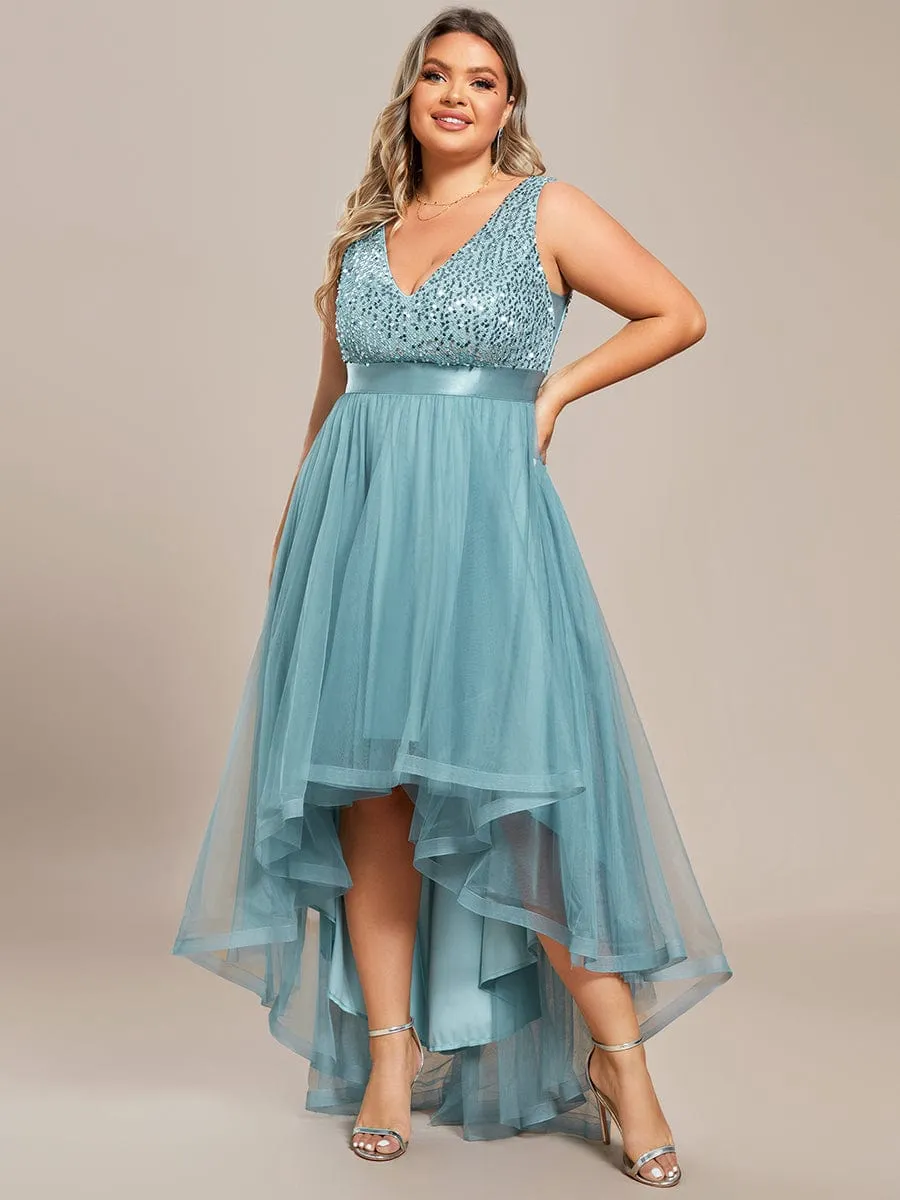 Plus Size Sleeveless Sequin Ribbon Waist Tulle High Low Evening Dress