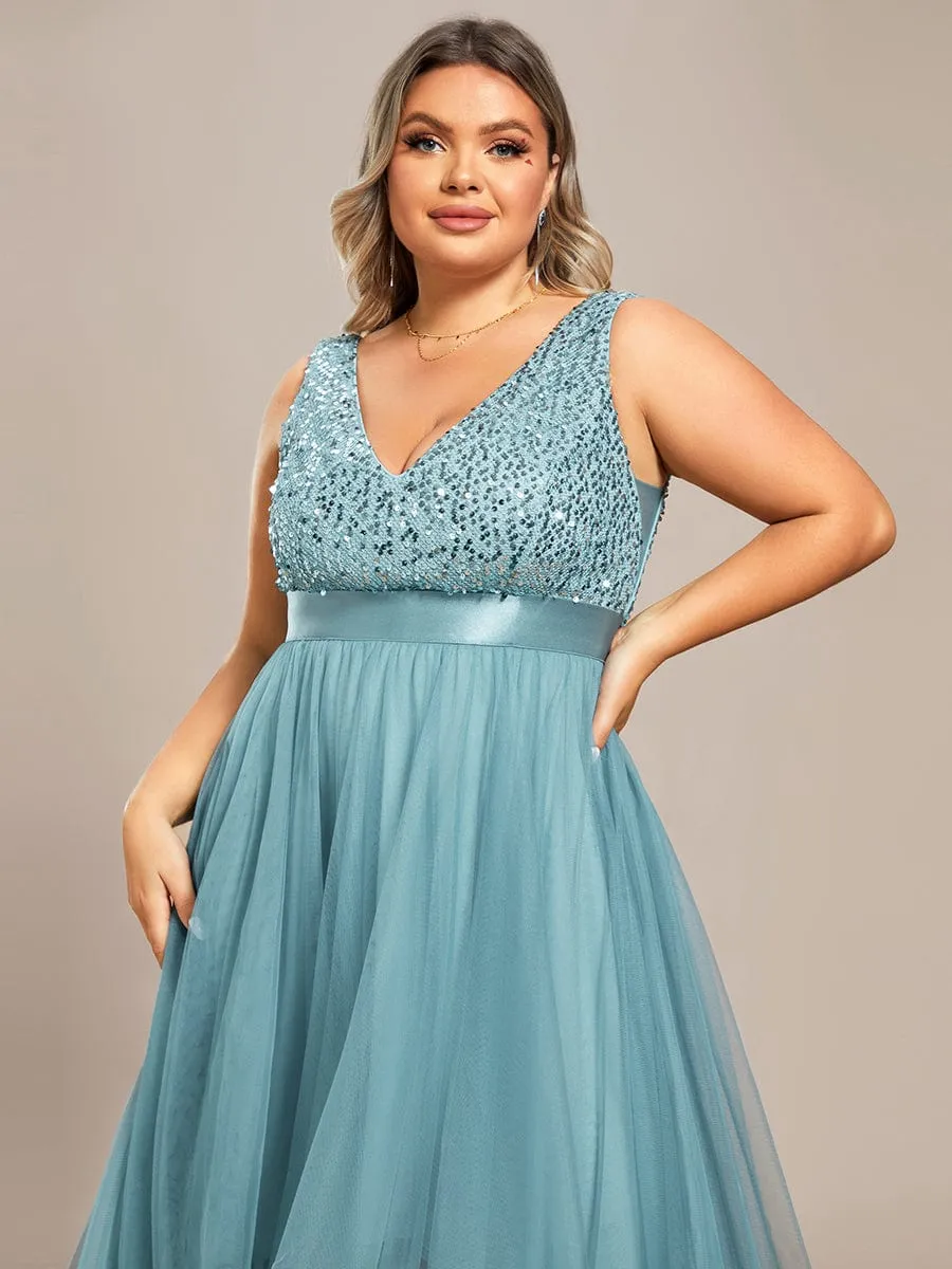 Plus Size Sleeveless Sequin Ribbon Waist Tulle High Low Evening Dress