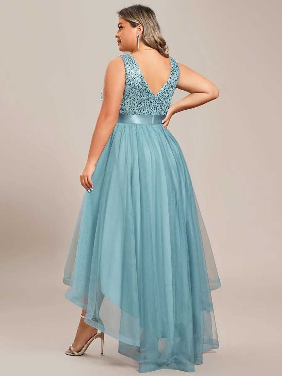 Plus Size Sleeveless Sequin Ribbon Waist Tulle High Low Evening Dress