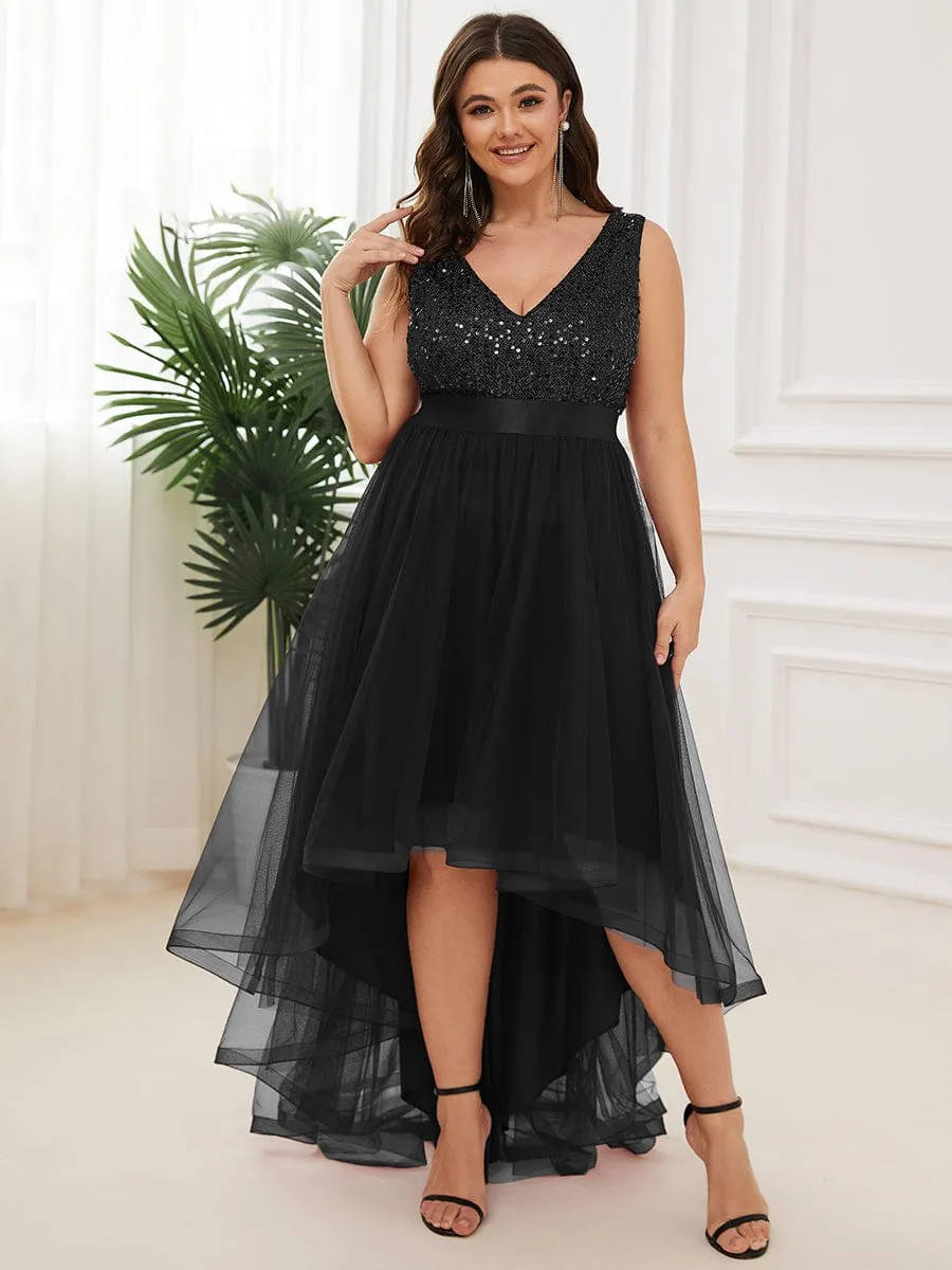 Plus Size Sleeveless Sequin Ribbon Waist Tulle High Low Evening Dress