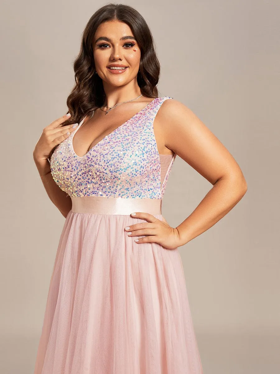 Plus Size Sleeveless Sequin Ribbon Waist Tulle High Low Evening Dress