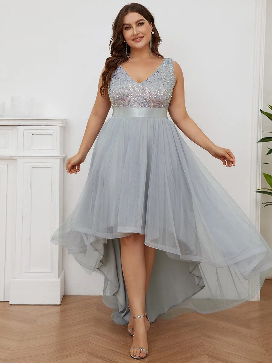 Plus Size Sleeveless Sequin Ribbon Waist Tulle High Low Evening Dress