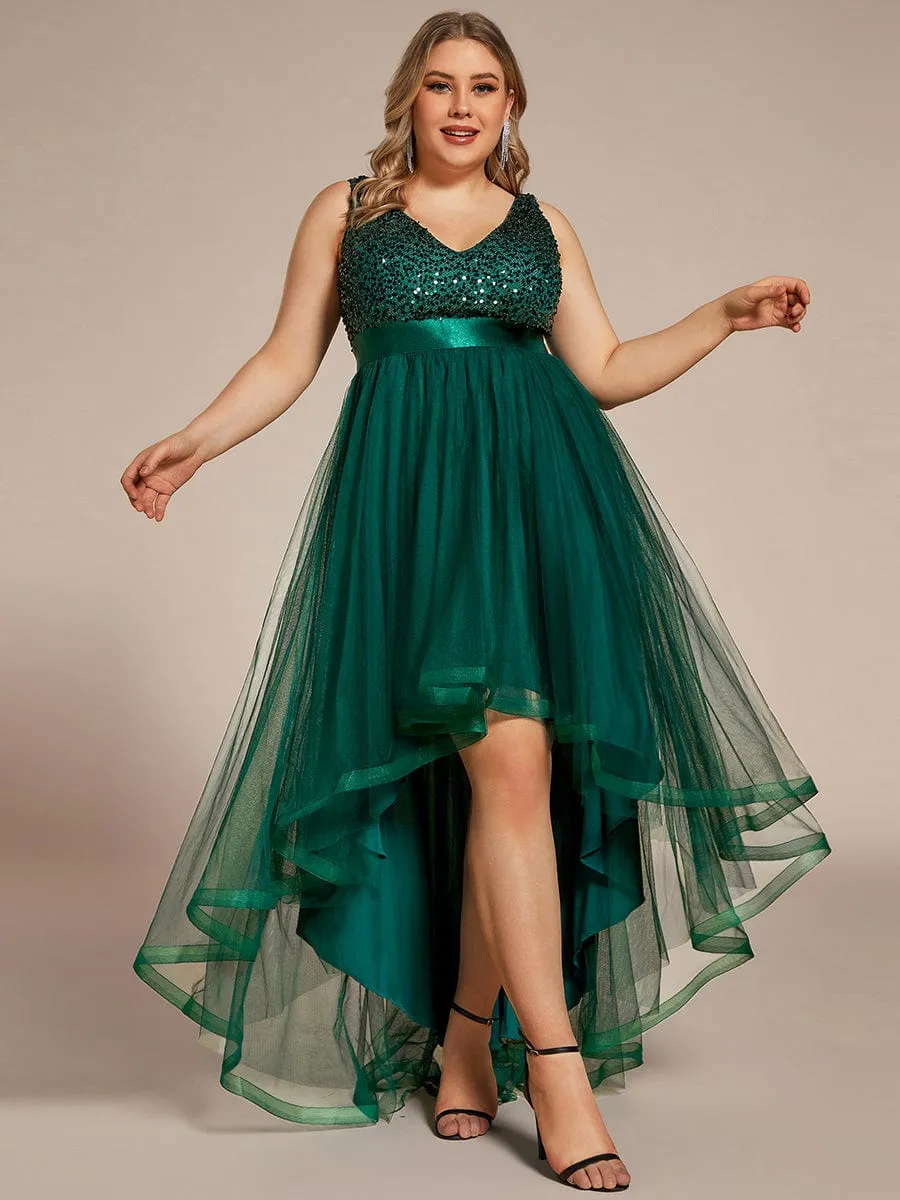 Plus Size Sleeveless Sequin Ribbon Waist Tulle High Low Evening Dress