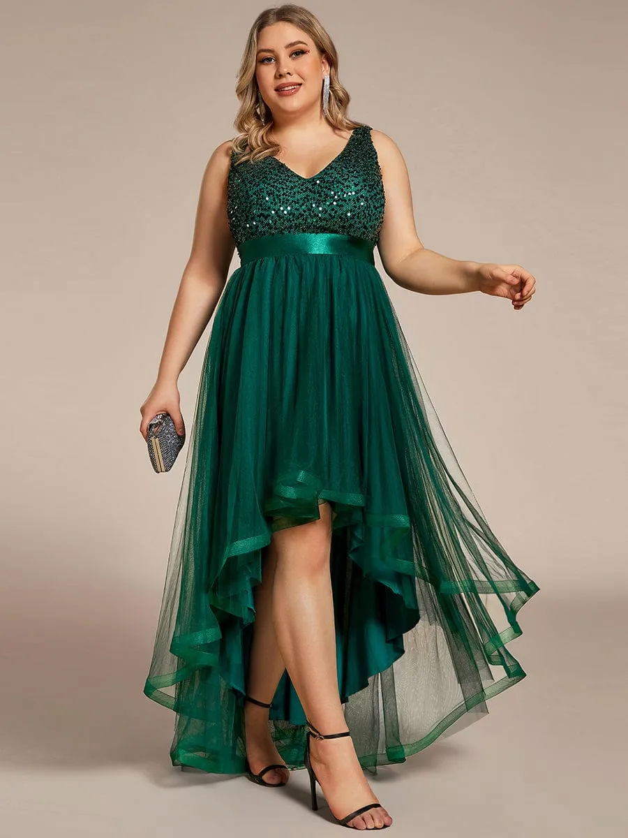 Plus Size Sleeveless Sequin Ribbon Waist Tulle High Low Evening Dress