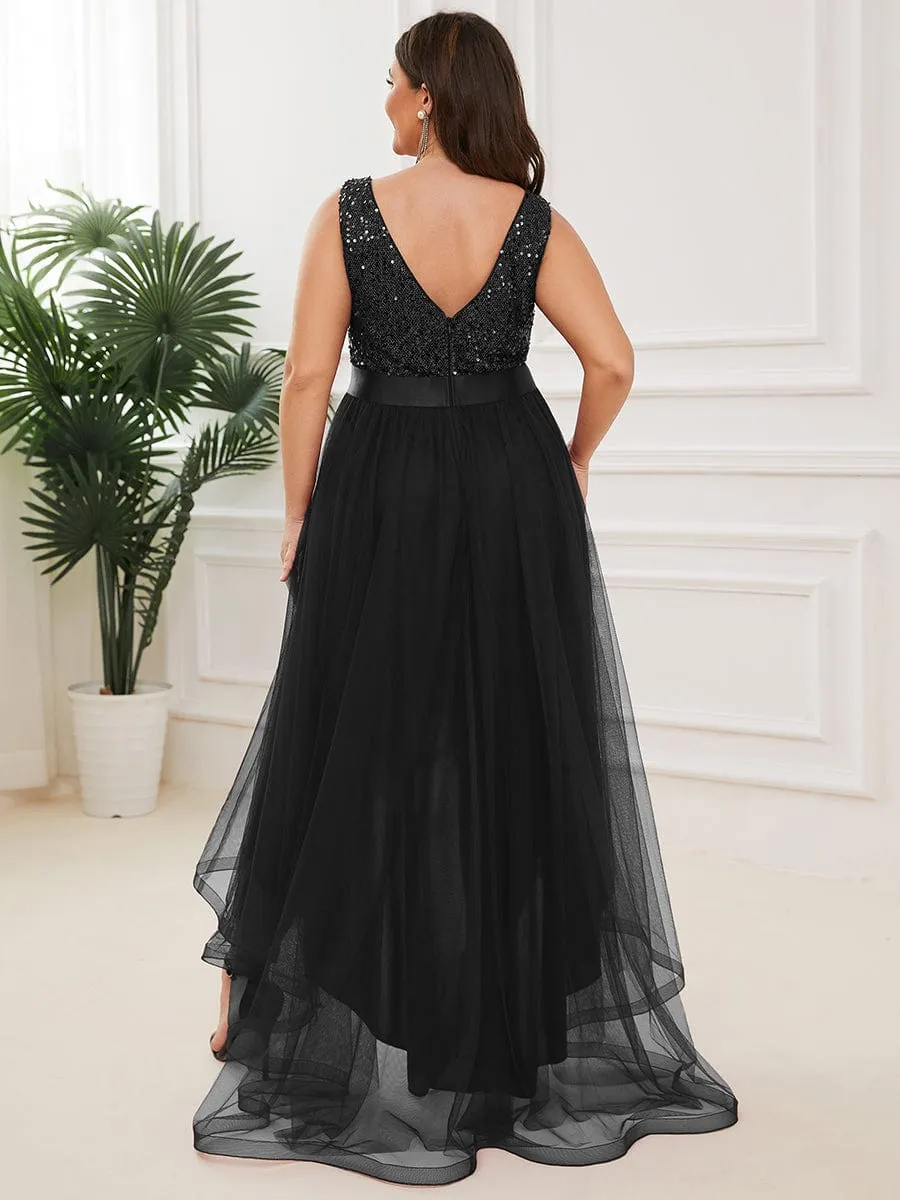 Plus Size Sleeveless Sequin Ribbon Waist Tulle High Low Evening Dress