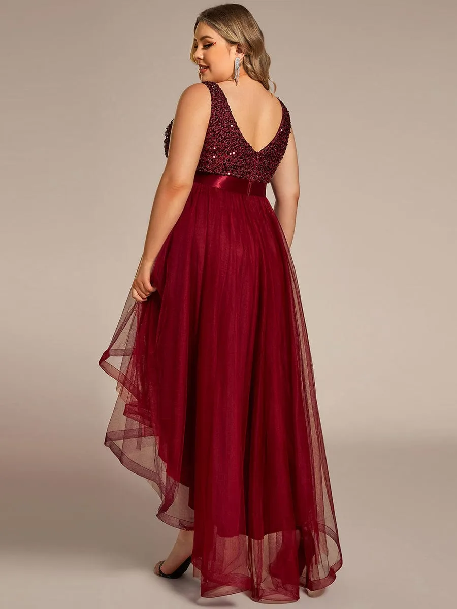 Plus Size Sleeveless Sequin Ribbon Waist Tulle High Low Evening Dress