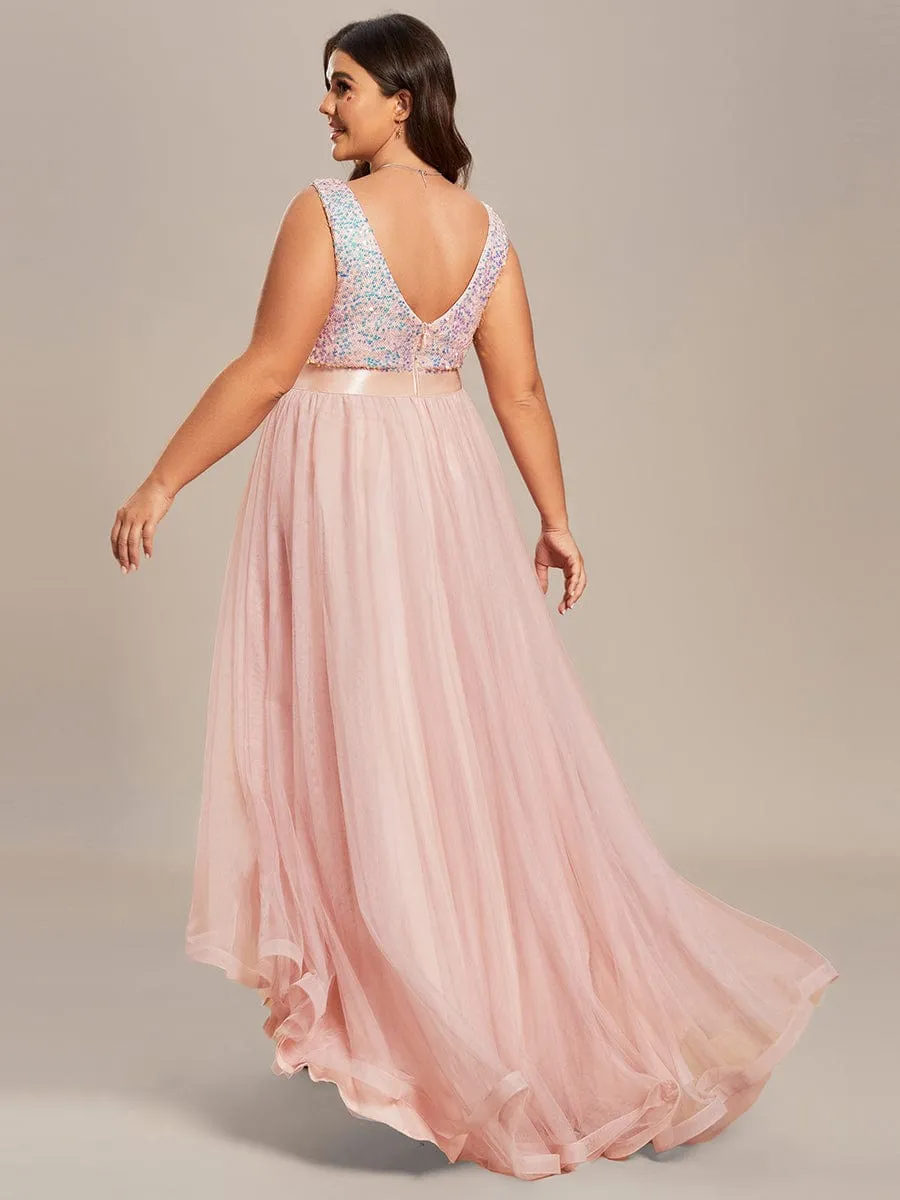 Plus Size Sleeveless Sequin Ribbon Waist Tulle High Low Evening Dress