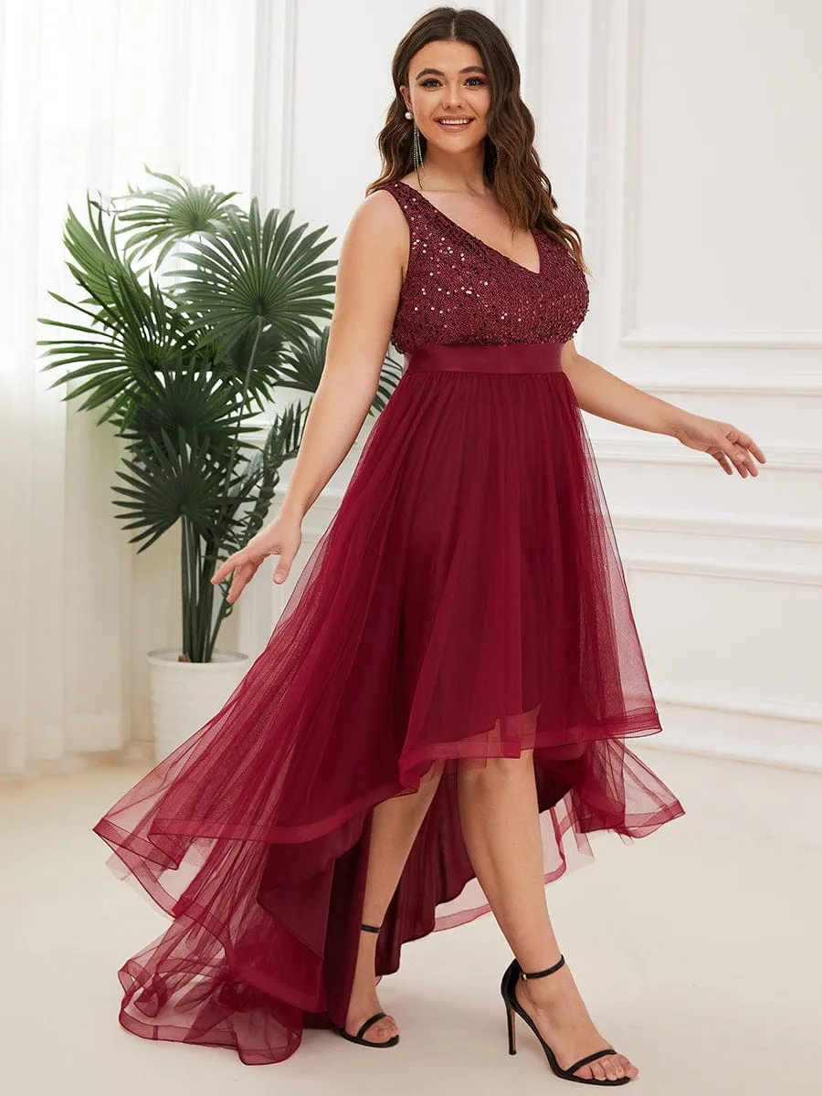 Plus Size Sleeveless Sequin Ribbon Waist Tulle High Low Evening Dress