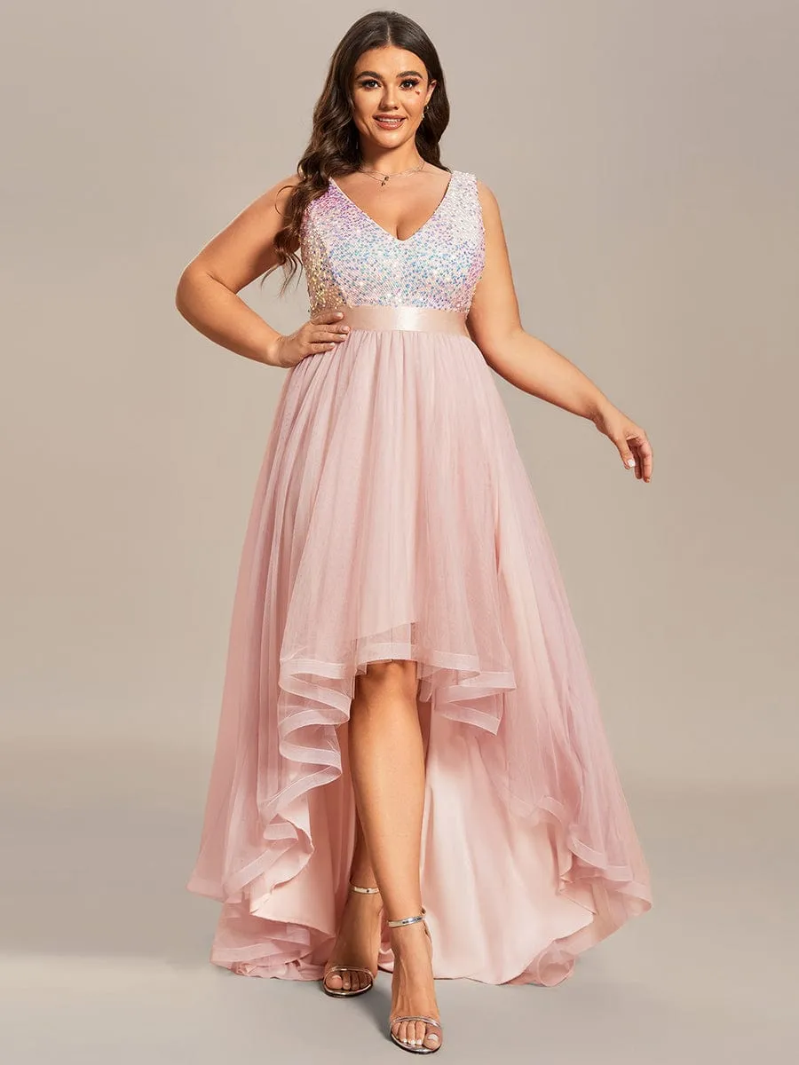 Plus Size Sleeveless Sequin Ribbon Waist Tulle High Low Evening Dress