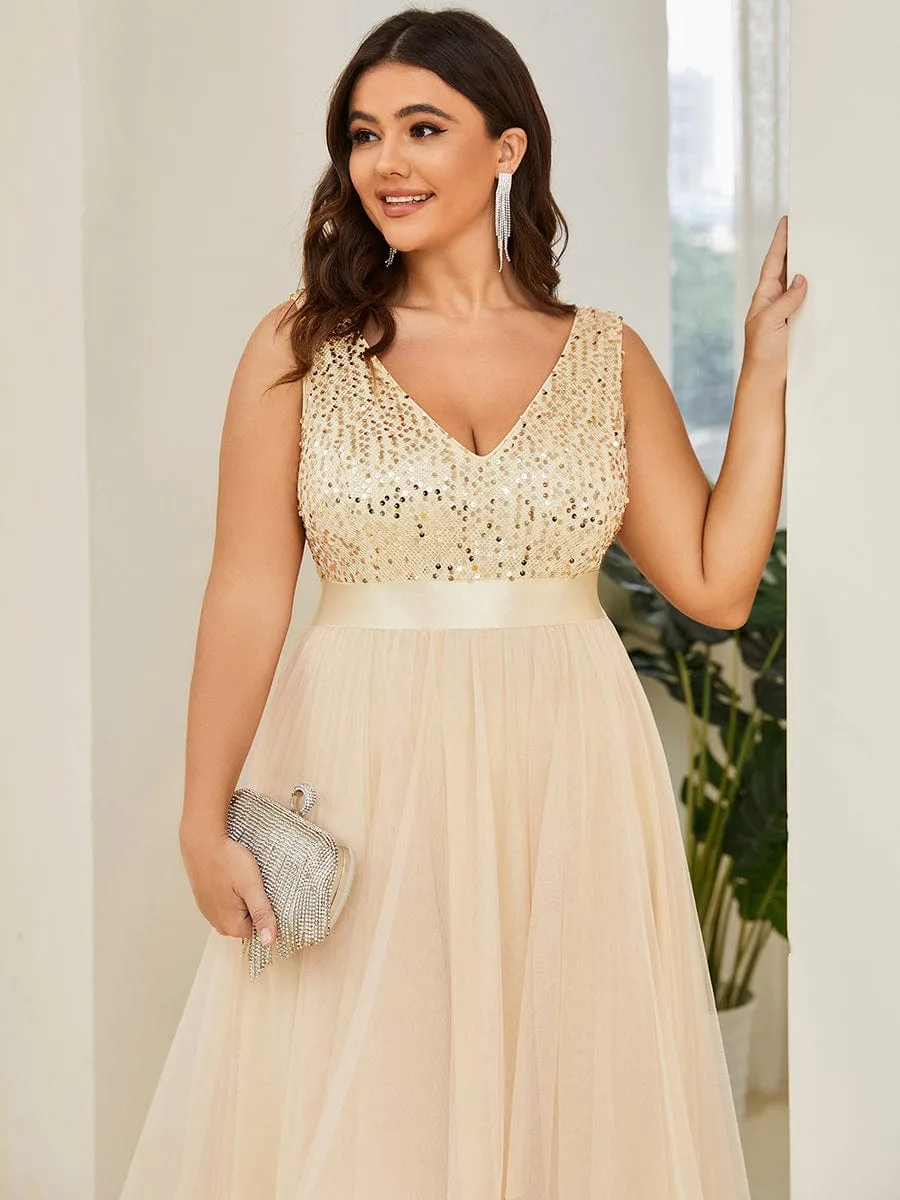 Plus Size Sleeveless Sequin Ribbon Waist Tulle High Low Evening Dress