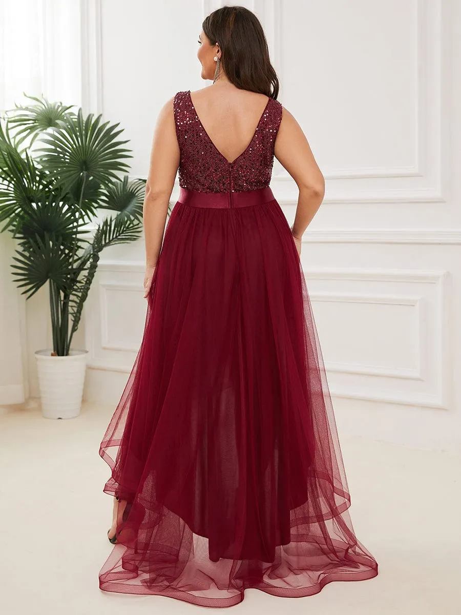 Plus Size Sleeveless Sequin Ribbon Waist Tulle High Low Evening Dress