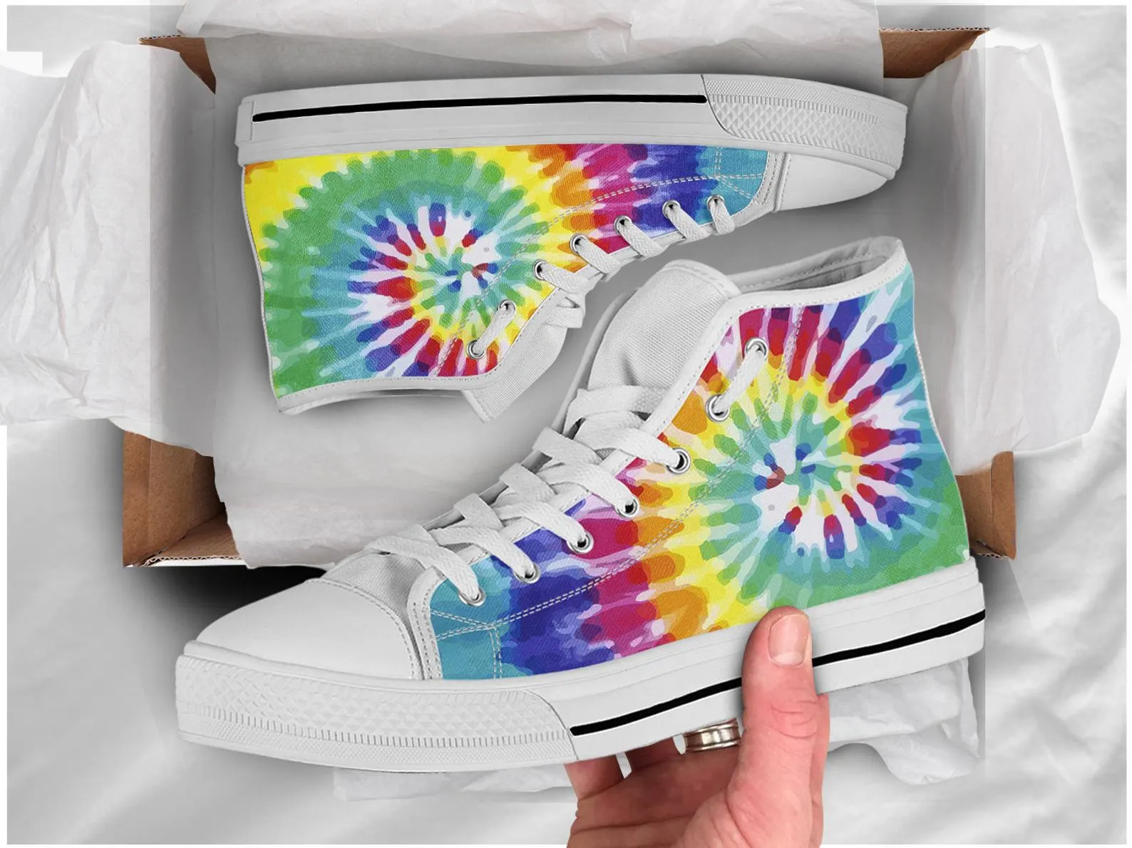 Rainbow Print Shoes Tie Dye Sneakers Colorful Shoes Rainbow Lover Gifts Custom High Top Converse Style Sneakers For Adults Women & Men