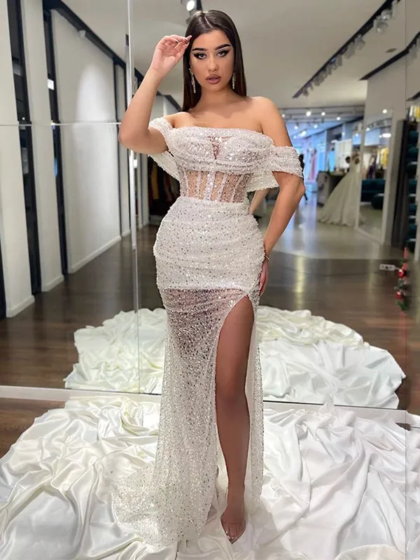 Sexy Sparkly White Off-shoulder Side-slit Mermaid Long Prom Dress, PD3501