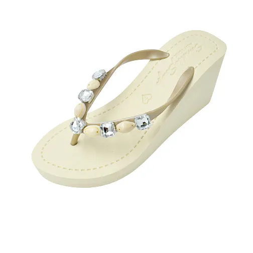 Shell Beach-Rhine Stone Embellished Women's High Wedge Flip Flops Sandal