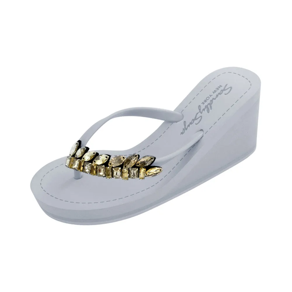 Smith - Gold Rhine Stone Embellished Women's High Wedge Flip Flops Sandal