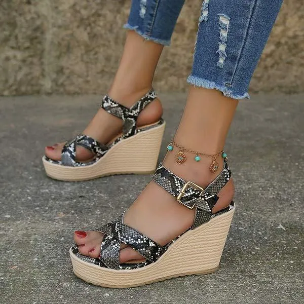 Women's Buckle Wedge Sandals with Snake Print and Thick Sole 54370794C