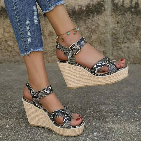 Women's Buckle Wedge Sandals with Snake Print and Thick Sole 54370794C