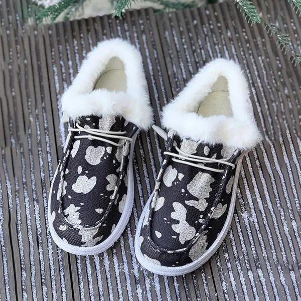 Women's Casual Cow Pattern Fur-lined Flat Shoes 57980294S