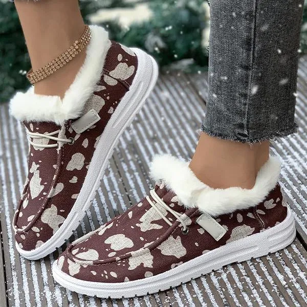 Women's Casual Cow Pattern Fur-lined Flat Shoes 57980294S