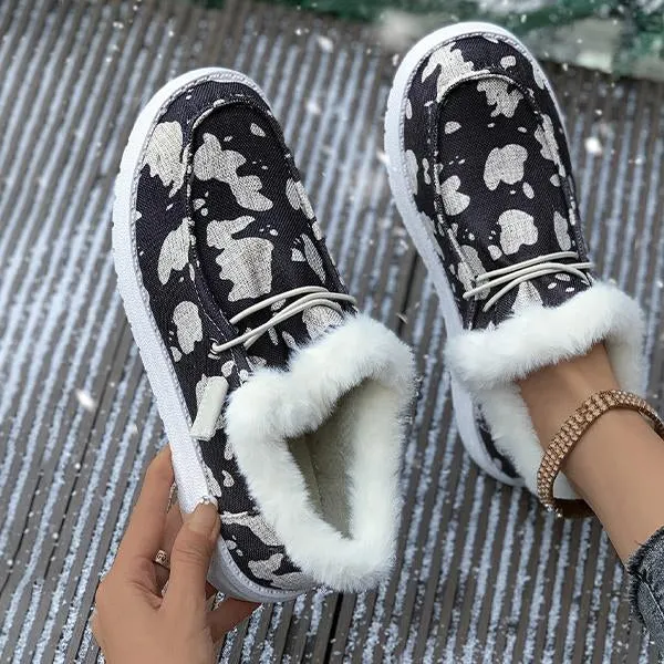 Women's Casual Cow Pattern Fur-lined Flat Shoes 57980294S