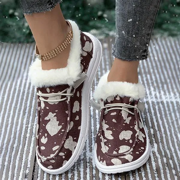 Women's Casual Cow Pattern Fur-lined Flat Shoes 57980294S