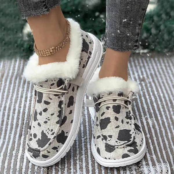 Women's Casual Cow Pattern Fur-lined Flat Shoes 57980294S