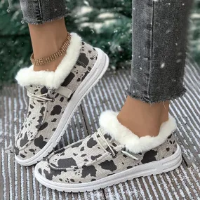 Women's Casual Cow Pattern Fur-lined Flat Shoes 57980294S