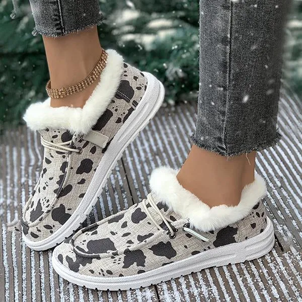 Women's Casual Cow Pattern Fur-lined Flat Shoes 57980294S