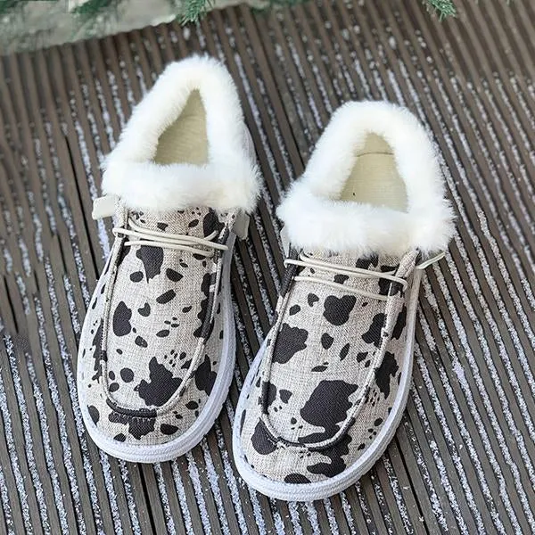 Women's Casual Cow Pattern Fur-lined Flat Shoes 57980294S