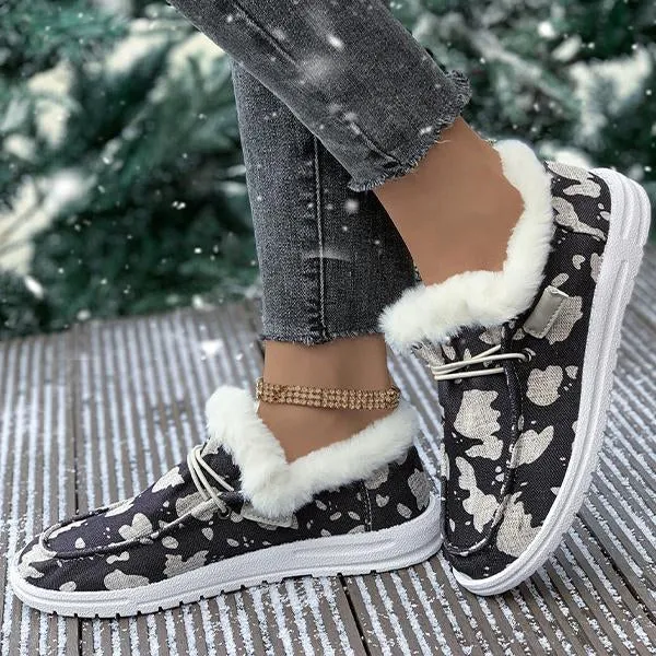 Women's Casual Cow Pattern Fur-lined Flat Shoes 57980294S