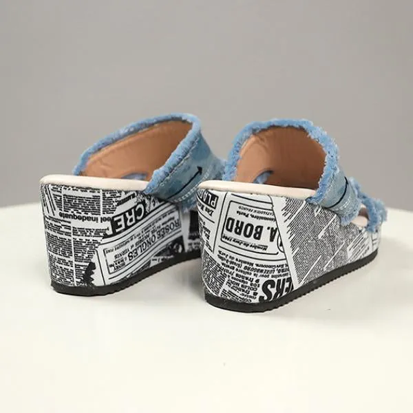 Women's Casual Skull Denim Tassel Wedge Slippers 34601102S