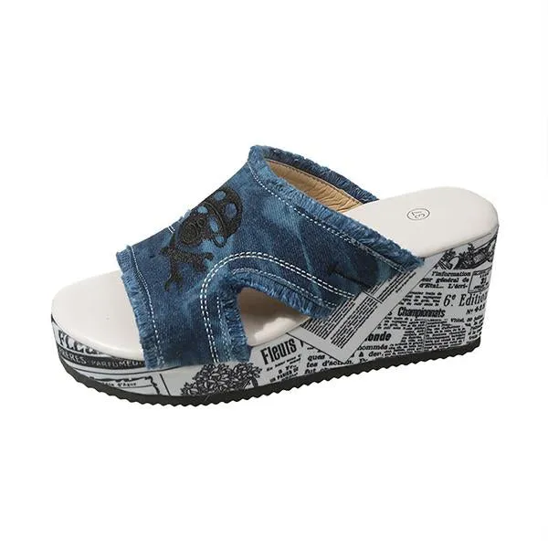 Women's Casual Skull Denim Tassel Wedge Slippers 34601102S