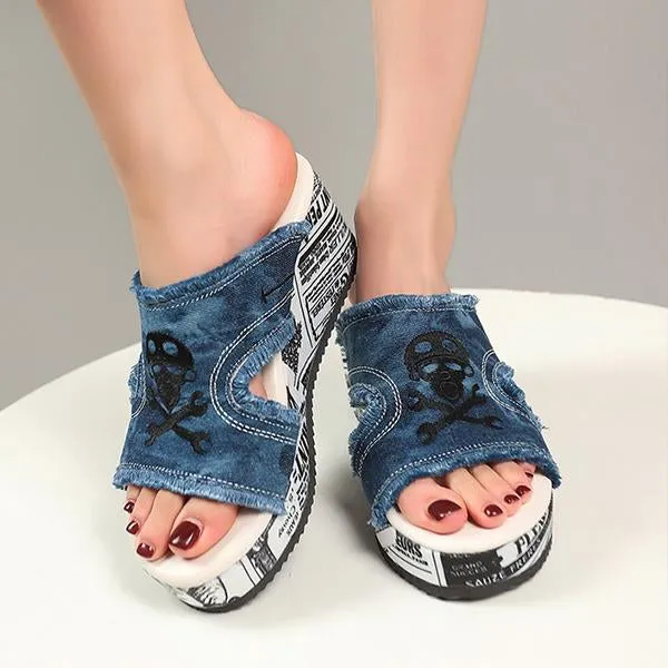 Women's Casual Skull Denim Tassel Wedge Slippers 34601102S