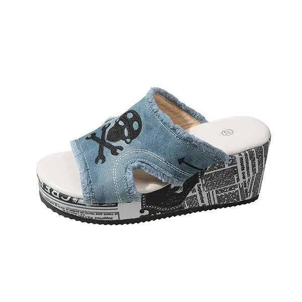 Women's Casual Skull Denim Tassel Wedge Slippers 34601102S