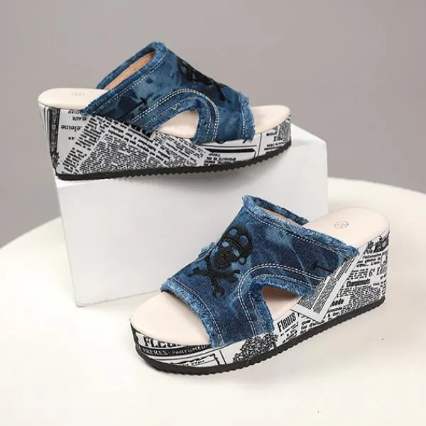 Women's Casual Skull Denim Tassel Wedge Slippers 34601102S